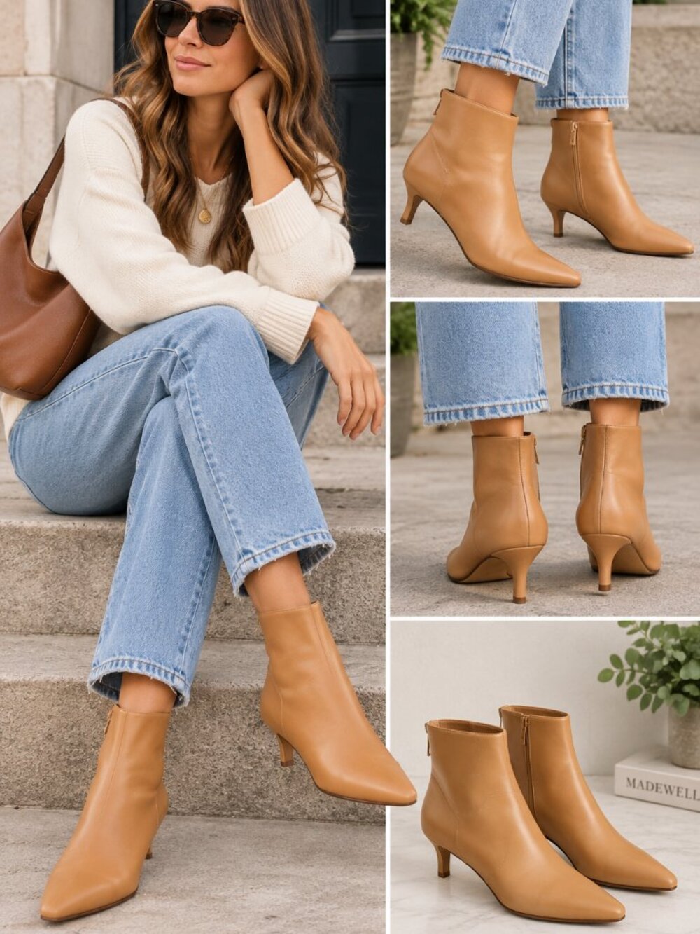 Madewell The Dimes Kitten-Heel Tan Leather Ankle Boots Sz 8.5